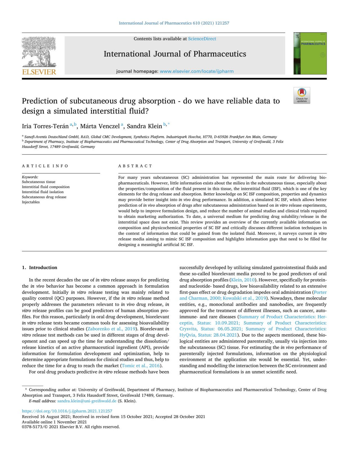 Prediction Of Subcutaneous Drug Absorption Do We Have Reliable Data To Design A Simulated Interstitial Fluid Iria Torresterán