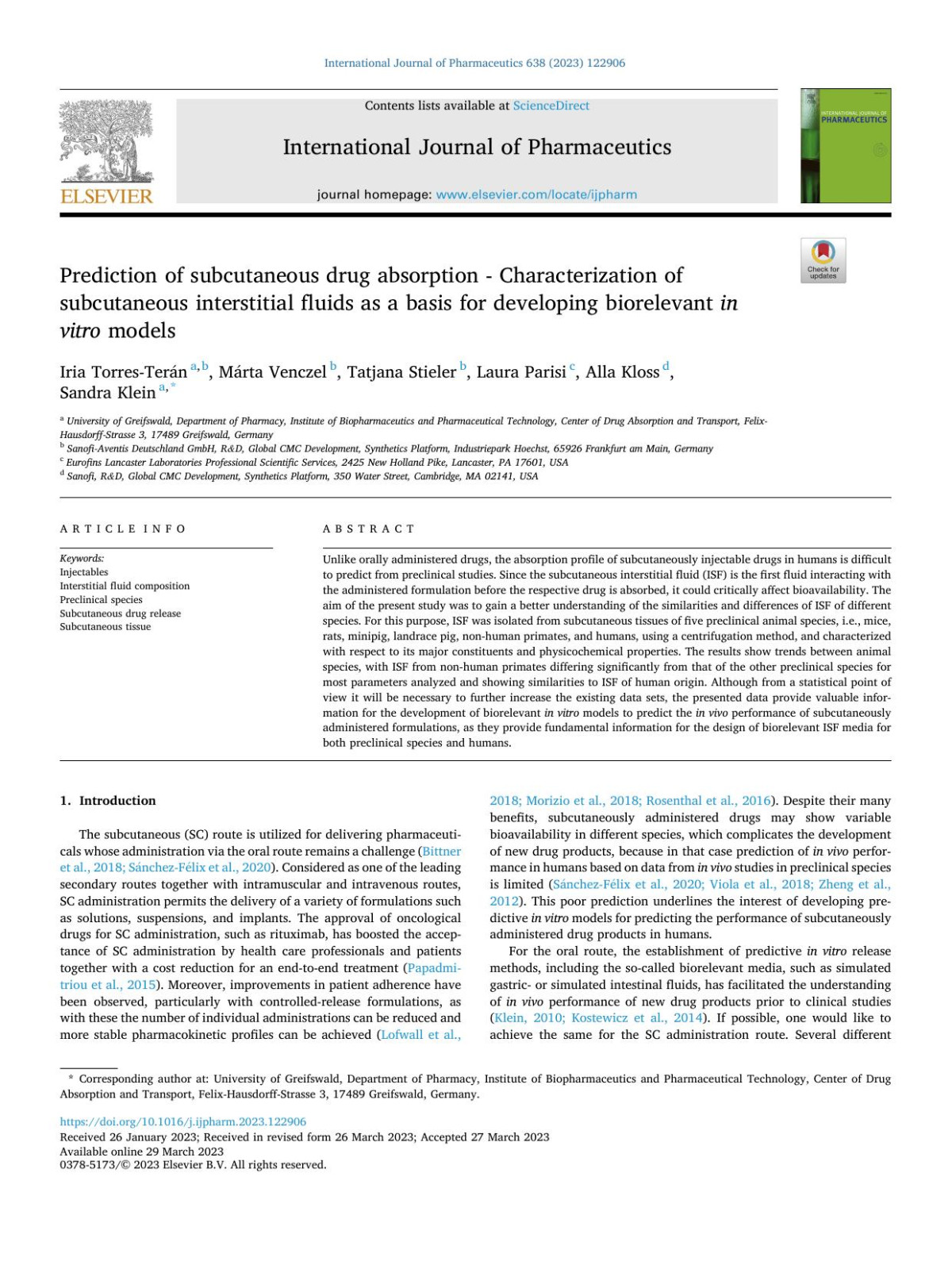 Prediction Of Subcutaneous Drug Absorption Characterization Of Subcutaneous Interstitial Fluids As A Basis For Developing Biorelevant In Vitro Models Iria Torresterán