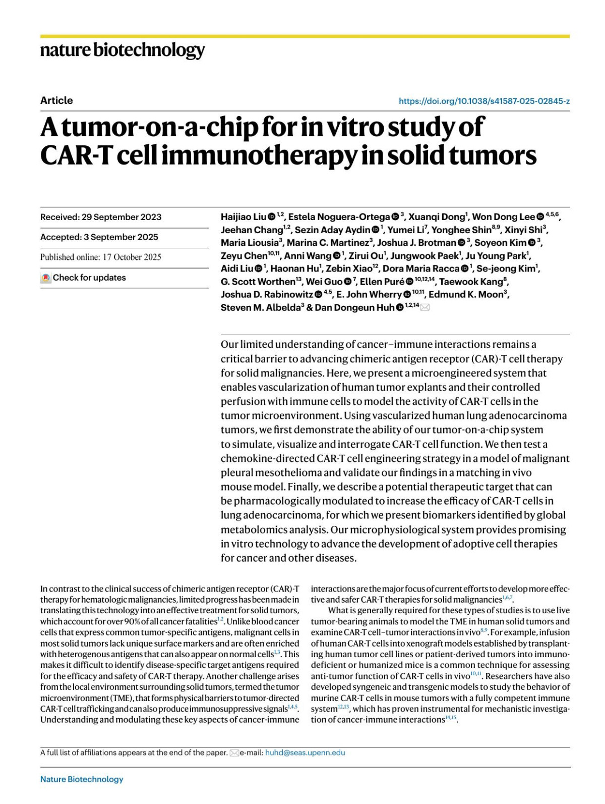 A Tumoronachip For In Vitro Study Of Cart Cell Immunotherapy In Solid Tumors Haijiao Liu Estela Nogueraortega Xuanqi Dong Won Dong Lee Jeehan Chang Sezin Aday Aydin Yumei Li Yonghee Shin Xinyi Shi Maria Liousia Marina C Martinez Joshua J Brotman Soyeon Kim Zeyu Chen Anni Wang Zirui Ou Jungwook
