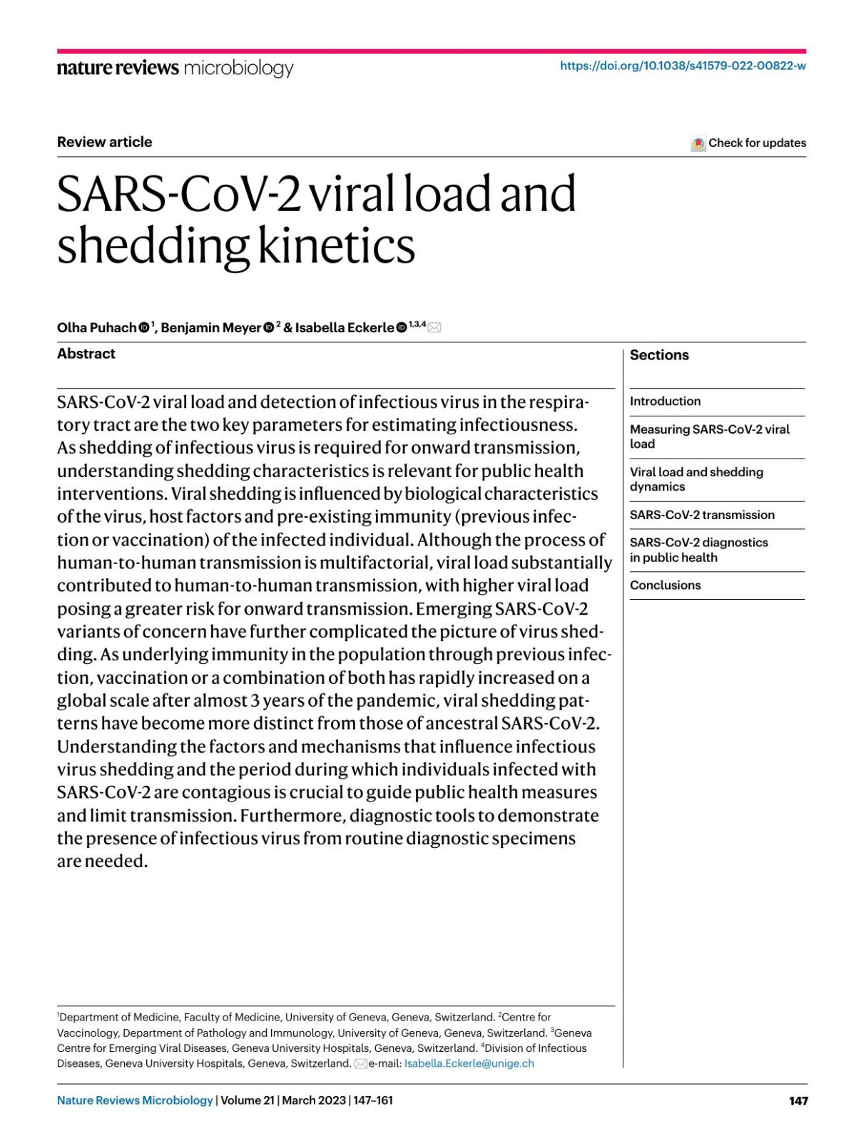Sarscov2 Viral Load And Shedding Kinetics Olha Puhach Benjamin Meyer