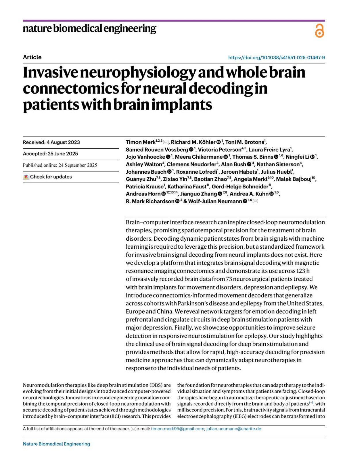 Invasive Neurophysiology And Whole Brain Connectomics For Neural Decoding In Patients With Brain Implants Timon Merk Richard M Köhler Toni M Brotons Samed Rouven Vossberg Victoria Peterson Laura Freire Lyra Jojo Vanhoecke Meera Chikermane Thomas S Binns Ningfei Li Ashley Walton Clemens Neudorfer Alan Bush Nathan