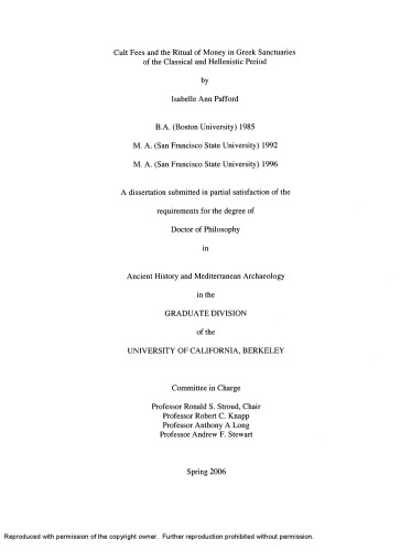 Cult Fees And The Ritual Of Money In Greek Sanctuaries Of The Classical And Hellenistic Period Phd California Isabelle Ann Pafford