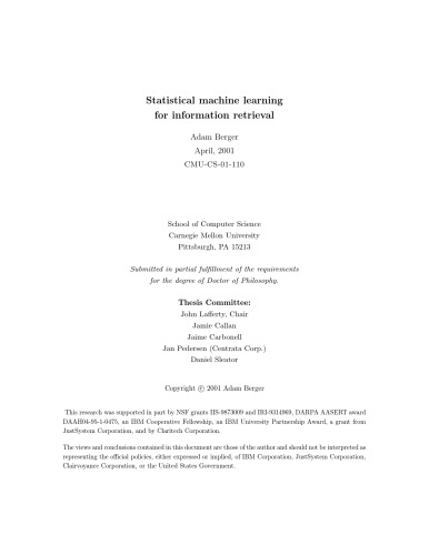 Statistical Machine Learning For Information Retrieval Adam Berger