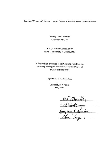 Museum Without A Collection Jewish Culture In The New Italian Multiculturalism Phd Thesis Jeffrey David Feldman