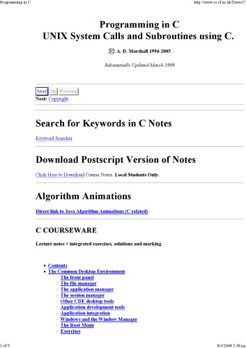 Programming In C Unix System Calls And Subroutines Using C A D Marshall