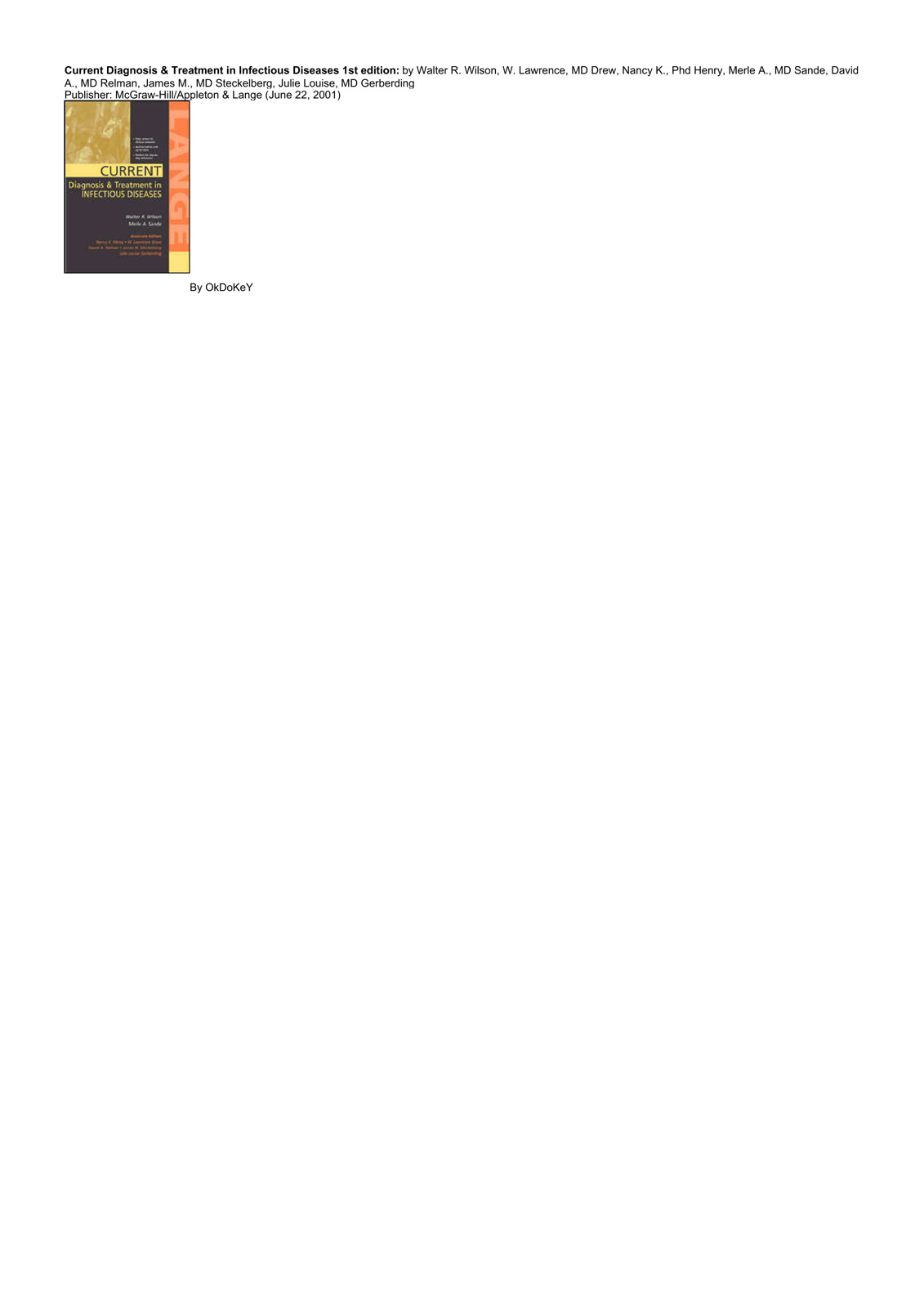 Current Diagnosis Treatment In Infectious Diseases 1st Edition By Walter R Wilson