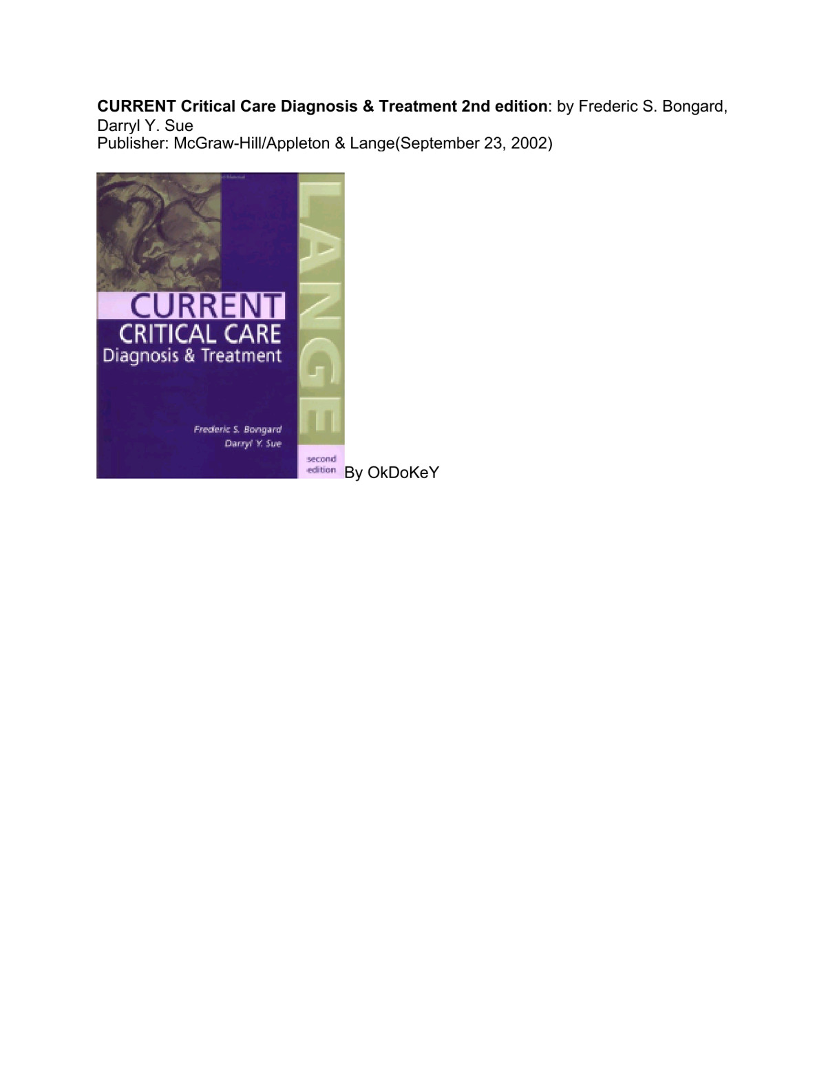 Current Critical Care Diagnosis Treatment 2nd Edition Frederic S Bongard