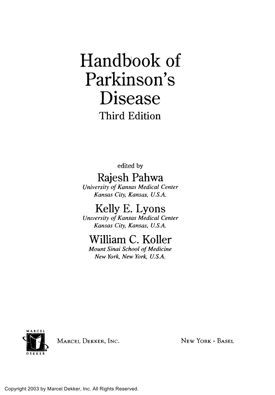 Handbook Of Parkinsons Disease 3rd Edition Rajesh Pahwa Kelly E Lyons