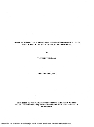The Social Context Of Food Preparation And Consumption In Greek Households Of The Fifth And Fourth Centuries Bc Phd Bryn Mawr College Victoria Tsoukala