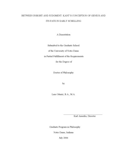 Between Insight And Judgment Kants Conception Of Genius And Its Fate In Early Schelling Lara Ostaric