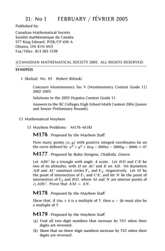 Crux Mathematicorum With Mathematical Mayhem Volume 31 2005 Canadian Mathematical Society