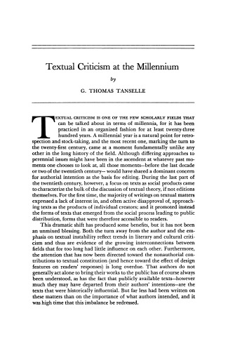 Textual Criticism At The Millennium Thomas Tanselle