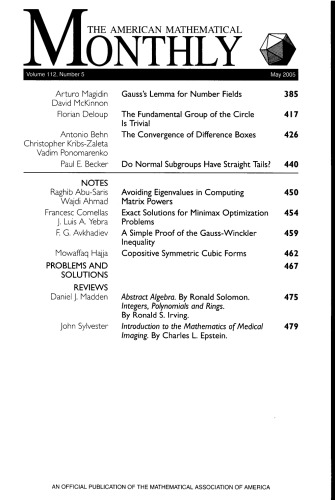 American Mathematical Monthly Volume 112 Number 5 May 2005 Mathematical Association Of America