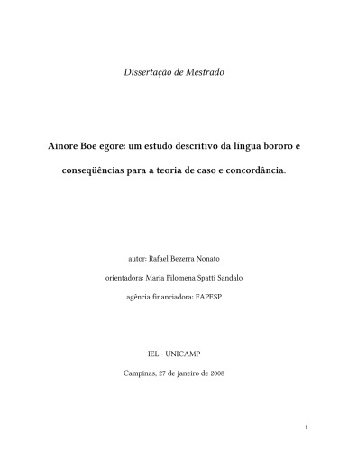Ainore Boe Egore Um Estudo Descritivo Da Lngua Bororo E Conseqncias Para A Teoria De Caso E Concordncia Nonato