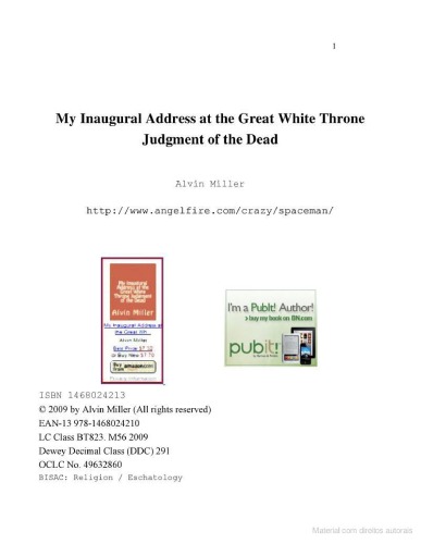 My Inaugural Address At The Great White Throne Judgment Of The Dead Alvin Miller