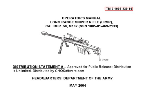 Operators Manual Long Range Sniper Rifle Lrsr Caliber 50 M107 Tm 9100523910 Headquarters