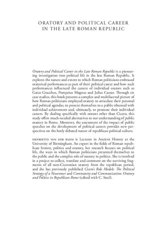 Oratory And Political Career In The Late Roman Republic Henriette Van Der Blom