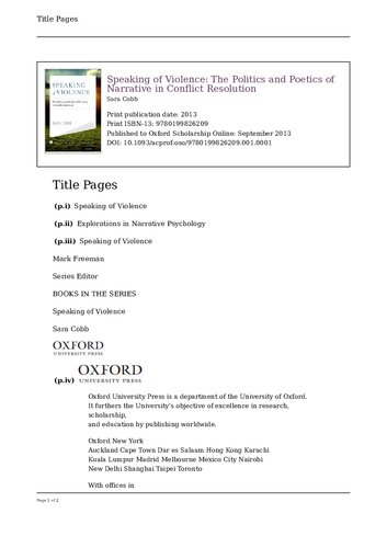 Speaking Of Violence The Politics And Poetics Of Narrative In Conflict Resolution Illustrated Sara Cobb