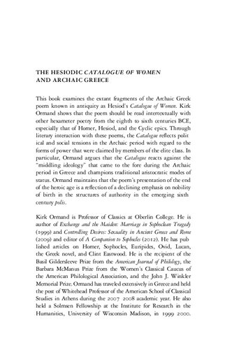 The Hesiodic Catalogue Of Women And Archaic Greece Kirk Ormand