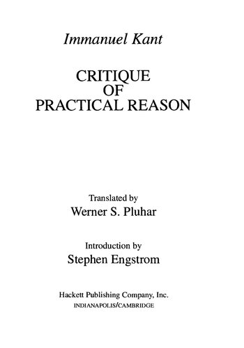 Critique Of Practical Reason Immanuel Kant Werner S Pluhar