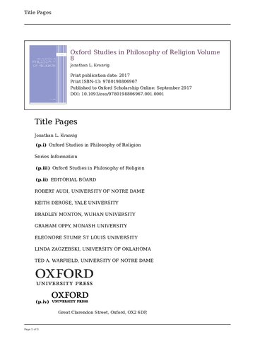 Oxford Studies In Philosophy Of Religion Volume 8 1st Edition Jonathan L Kvanvig Editor