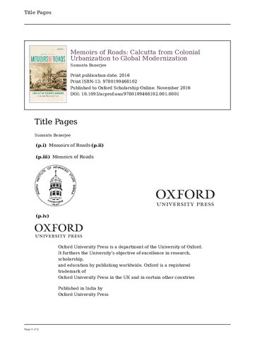 Memoirs Of Roads Calcutta From Colonial Urbanization To Global Modernization 1st Edition Sumanta Banerjee