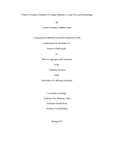 Writer Or Witness Problems Of Varlam Shalamovs Late Prose And Dramaturgy Linna Josefina Lundblad Janji