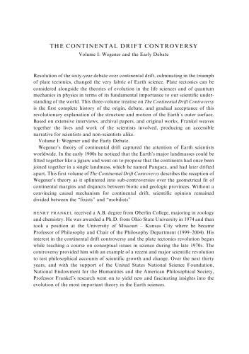 The Continental Drift Controversy Vol 1 Wegener And The Early Debate Draft Frankel Hr
