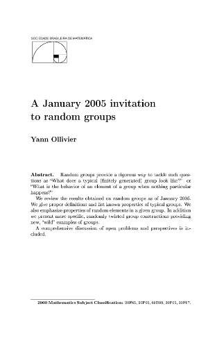 A January 2005 Invitation To Random Groups Yann Ollivier