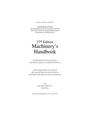 Machinerys Handbook 27th Edition Toolbox Edition Franklin D Jones