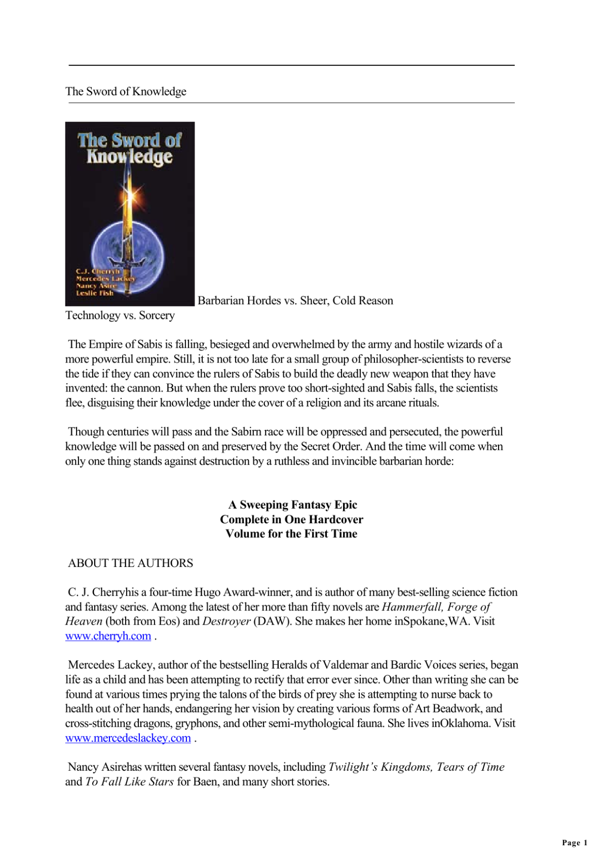 The Sword Of Knowledge Cherryh C J Lackey Mercedes
