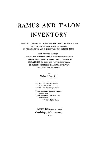 Ramus And Talon Inventory Reprint 2014 Ed Walter J Ong