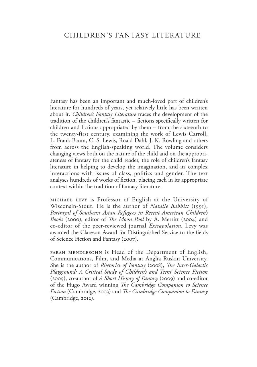 Childrens Fantasy Literature An Introduction Farah Mendlesohn And Michael Levy