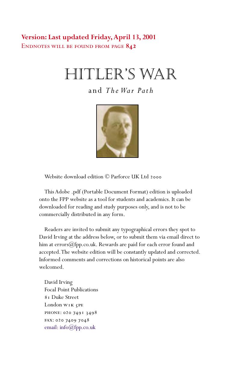 Hitlers War And The War Path Irving David Irving David