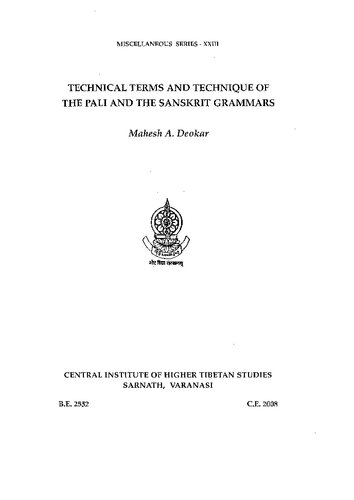 Technical Terms And Technique Of The Pali And The Sanskrit Grammars Deokar A Mahesh