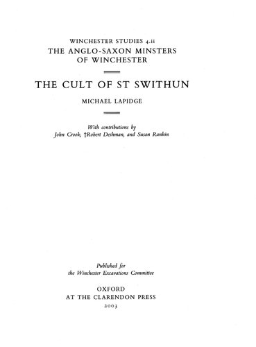 The Cult Of St Swithun Michael Lapidge