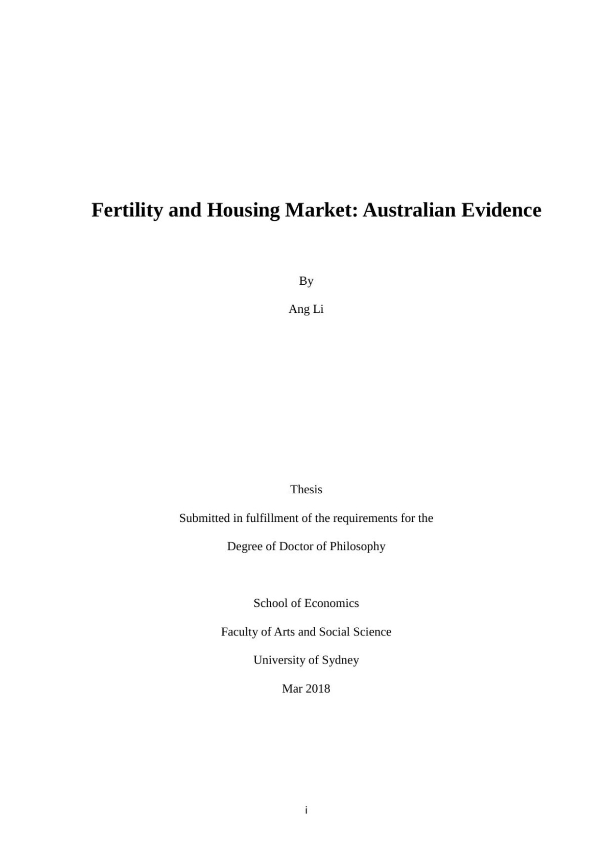 Fertility And Housing Market Australian Evidence Ang Li