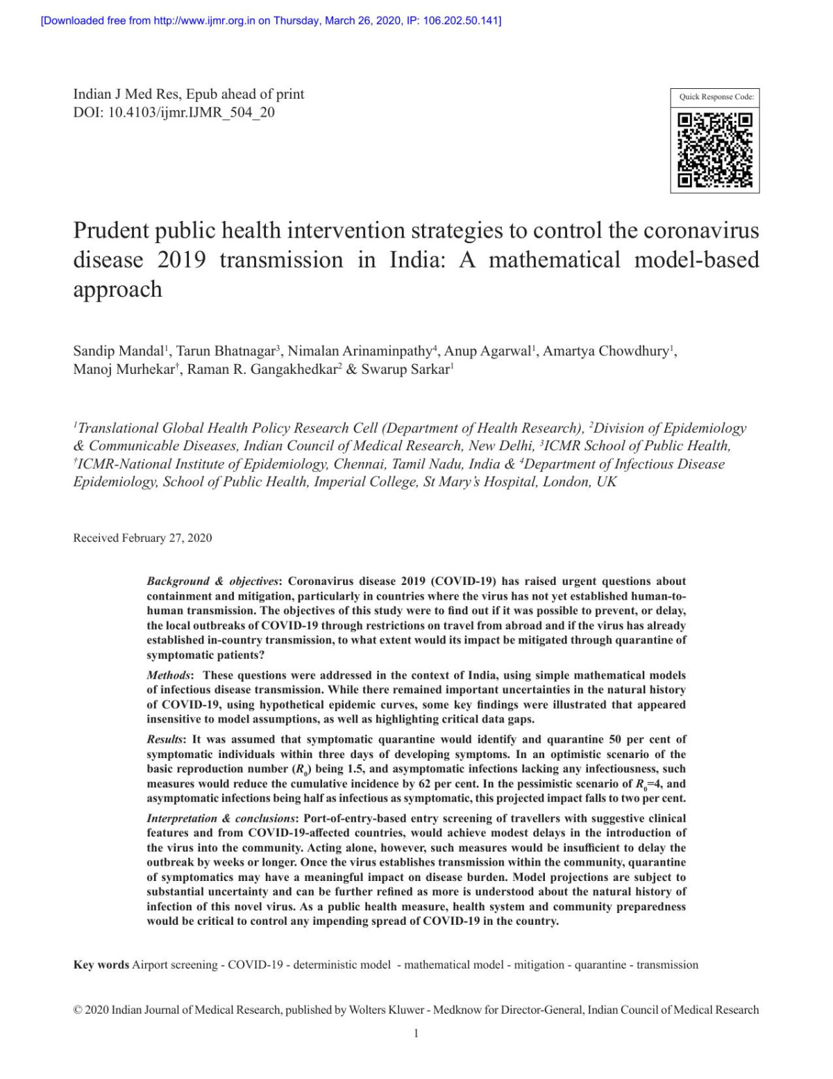 Prudent Public Health Intervention Strategies To Control The Coronavirus Disease 2019 Transmission In India A Mathematical Modelbased Approach Sandip Mandal1