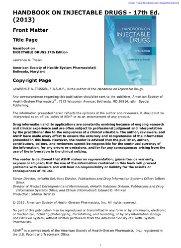 Handbook On Injectable Drugs 17th Edition Lawrence A Trissel