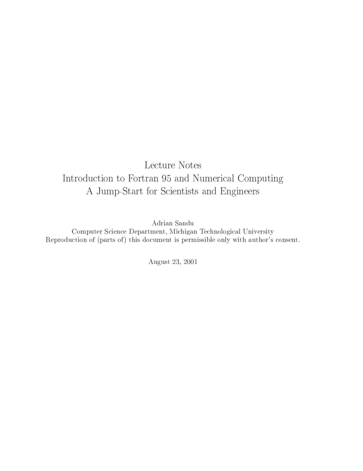 Introduction To Fortran 95 And Numerical Computing A Jumpstart For Scientists And Engineers Adrian Sandu
