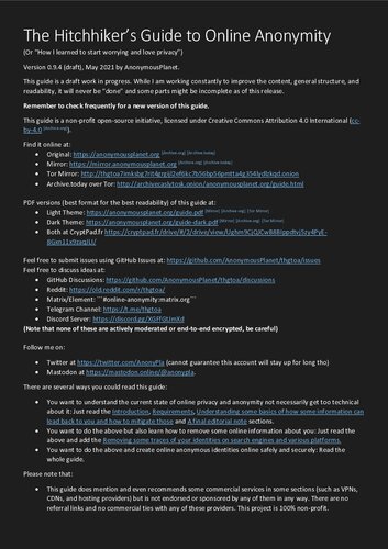 The Hitchhikers Guide To Online Anonymity Version 094 May 2021 Version 094 Anonymousplanet