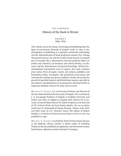 The Cambridge History Of The Book In Britain Volume V 16951830 Michael F Suarez