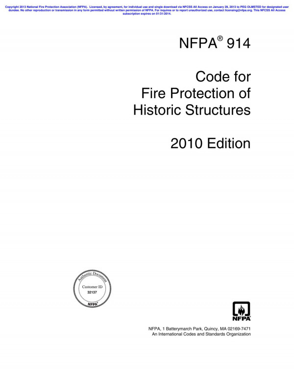 Nfpa 914 Code For Fire Protection Of Historic Structures National Fire Protection Association