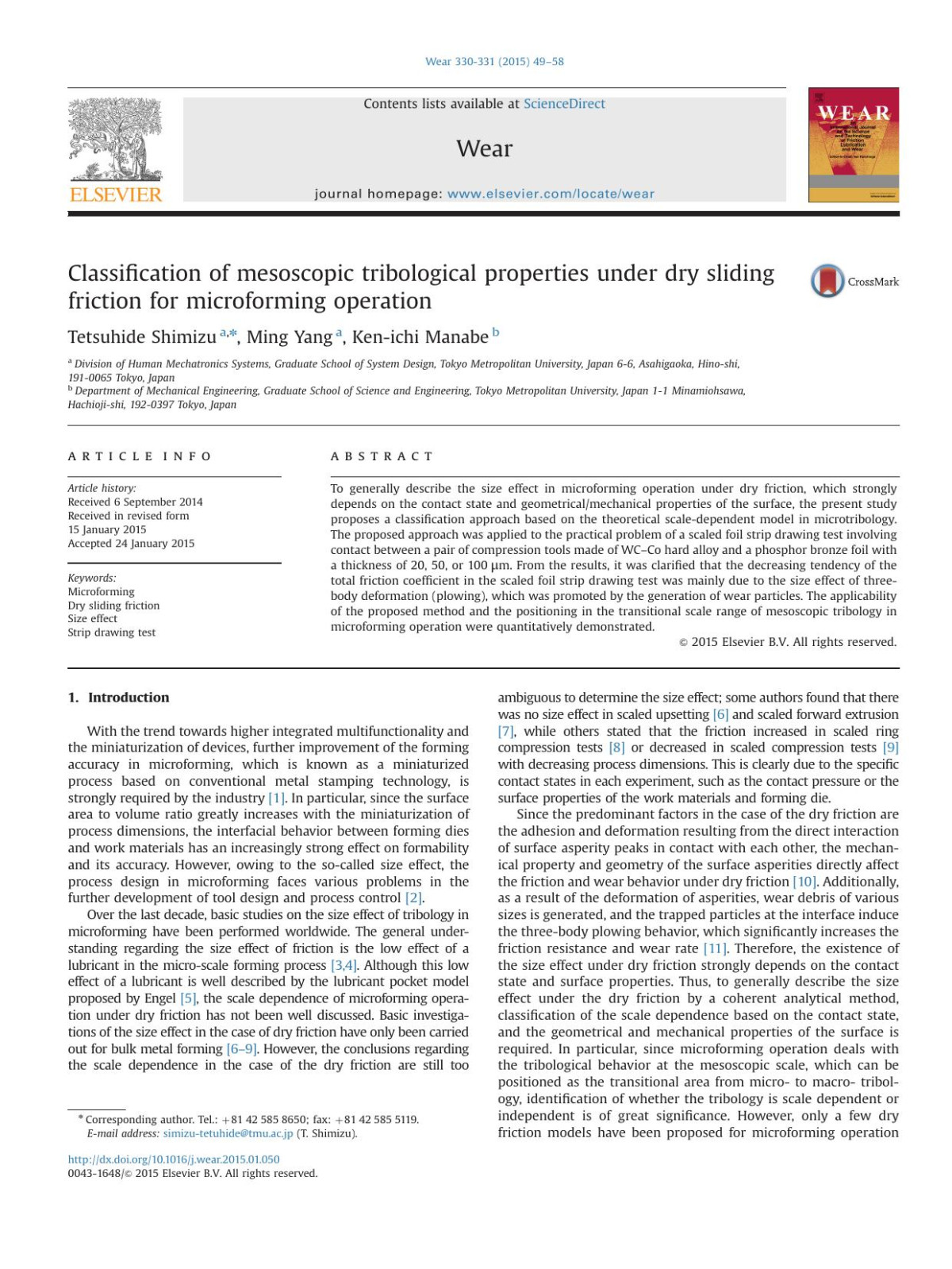 Classification Of Mesoscopic Tribological Properties Under Dry Sliding Friction For Microforming Operation Tetsuhide Shimizu Ming Yang Kenichi Manabe