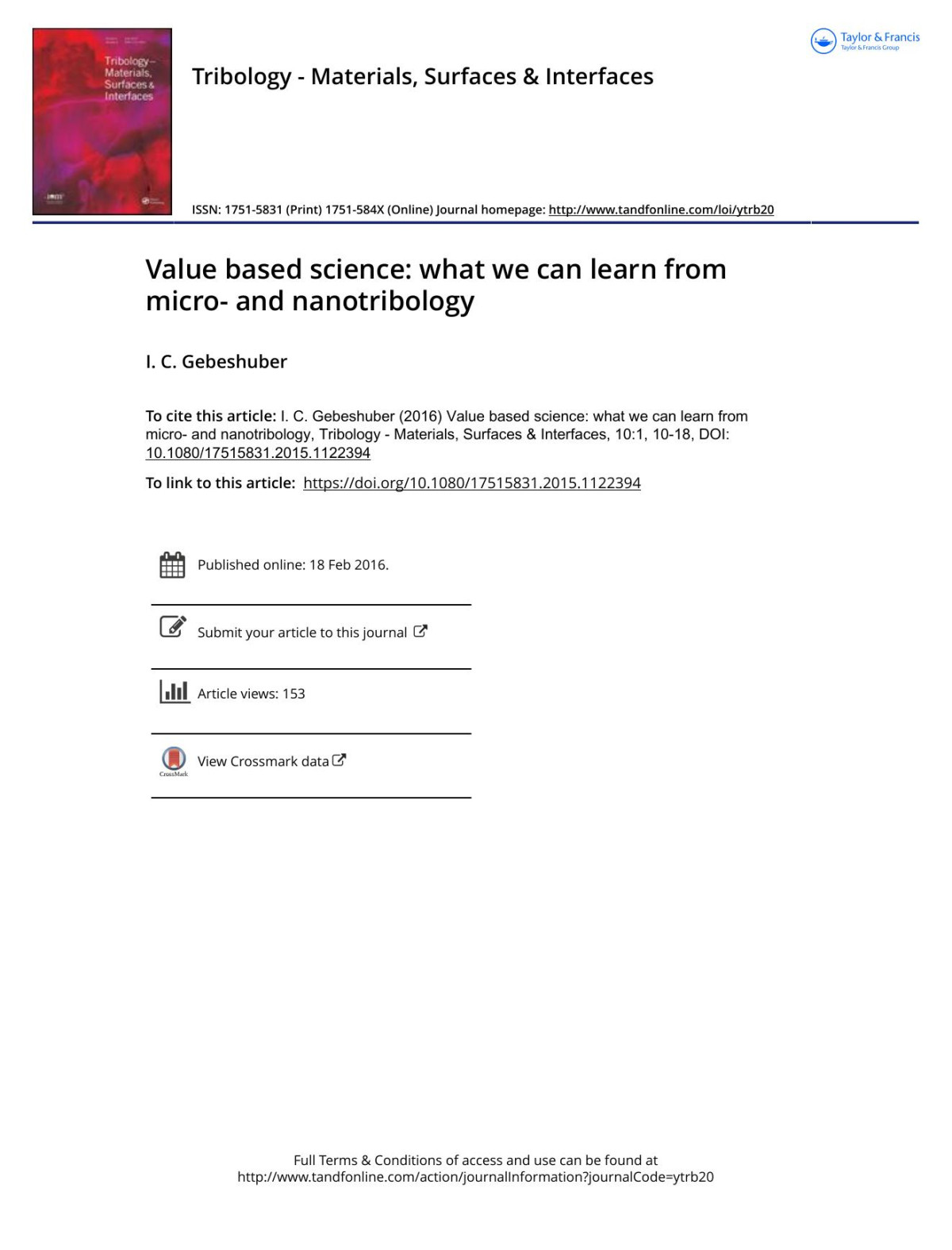 Value Based Science What We Can Learn From Micro And Nanotribology I C Gebeshuber