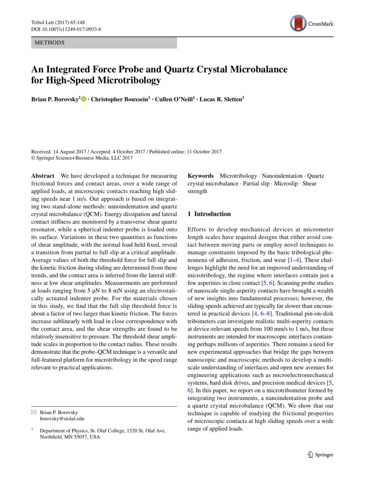 An Integrated Force Probe And Quartz Crystal Microbalance For Highspeed Microtribology Brian P Borovsky Christopher Bouxsein Cullen Oneill Lucas R Sletten