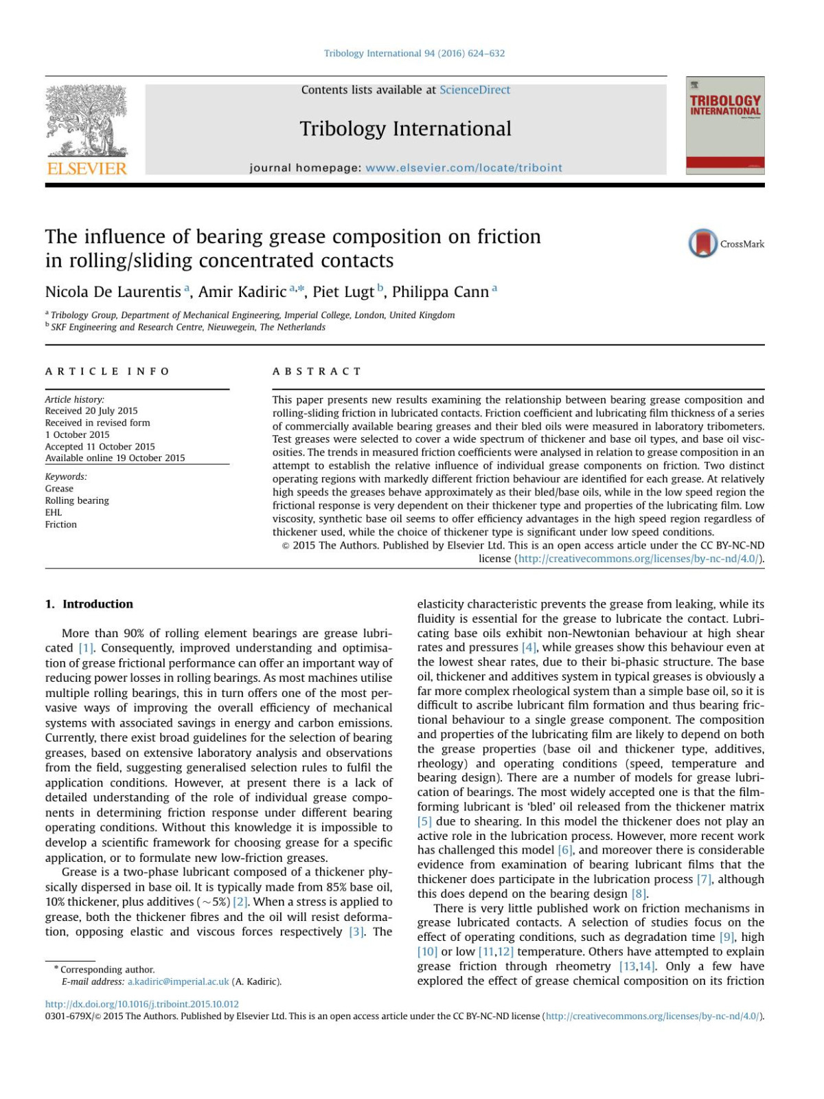 The Influence Of Bearing Grease Composition On Friction In Rollingsliding Concentrated Contacts Nicola De Laurentis Amir Kadiric Piet Lugt Philippa Cann