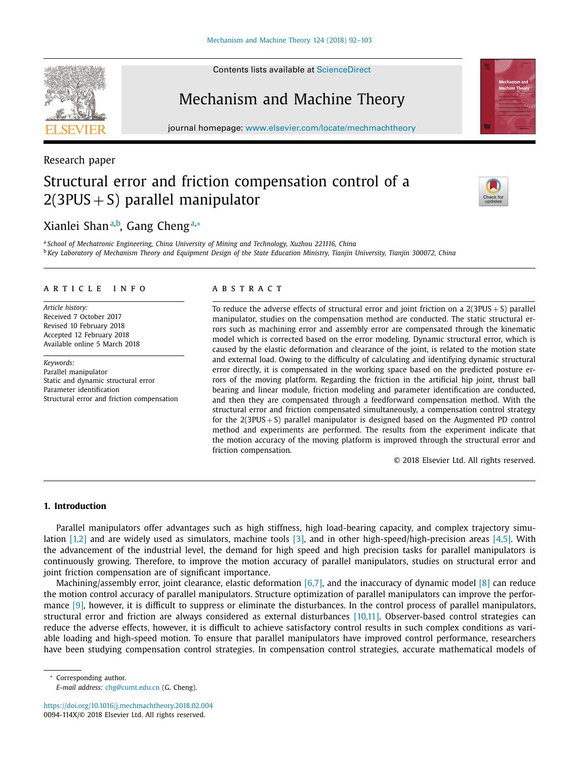 Structural Error And Friction Compensation Control Of A 2 3pusx202fx002bx202fs Parallel Manipulator Shan Xianlei Cheng Gang