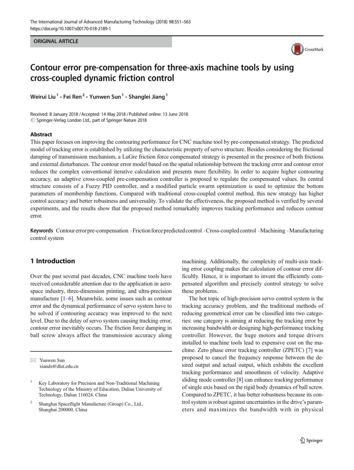 Contour Error Precompensation For Threeaxis Machine Tools By Using Crosscoupled Dynamic Friction Control Weirui Liu Fei Ren Yunwen Sun Shanglei Jiang