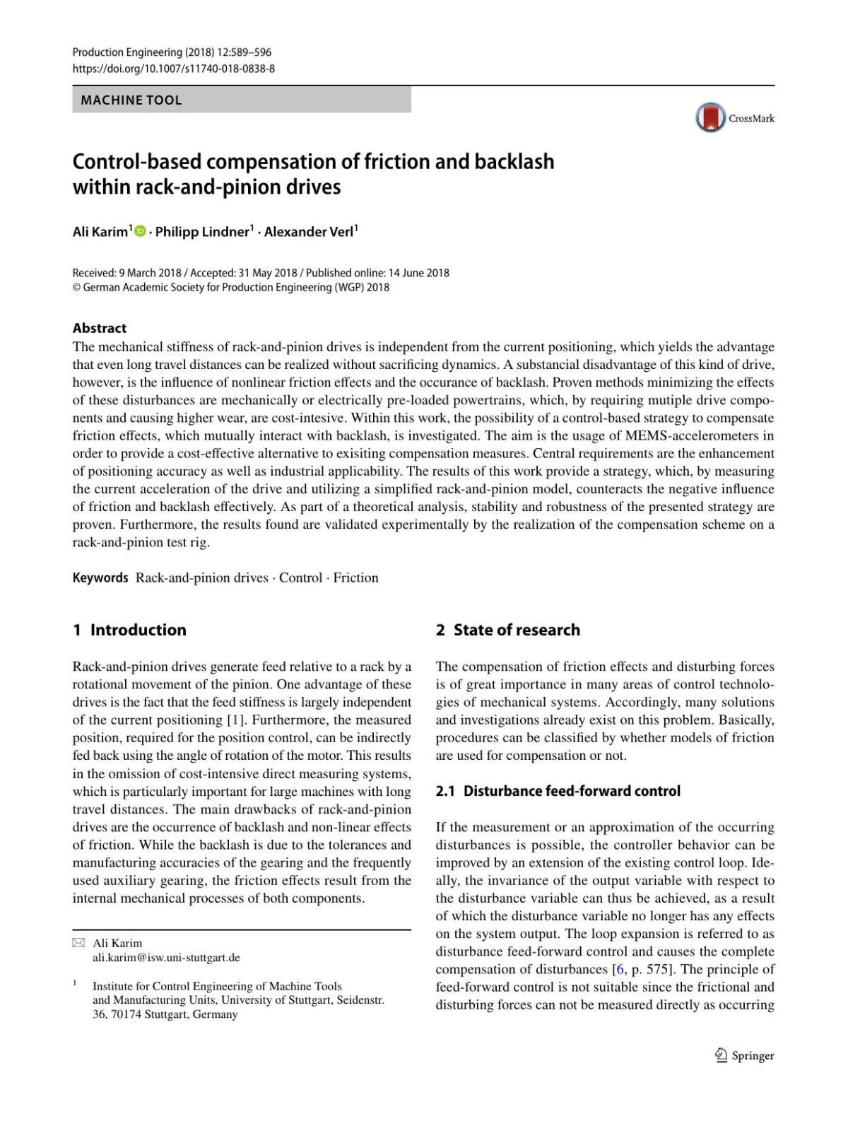 Controlbased Compensation Of Friction And Backlash Within Rackandpinion Drives Ali Karim